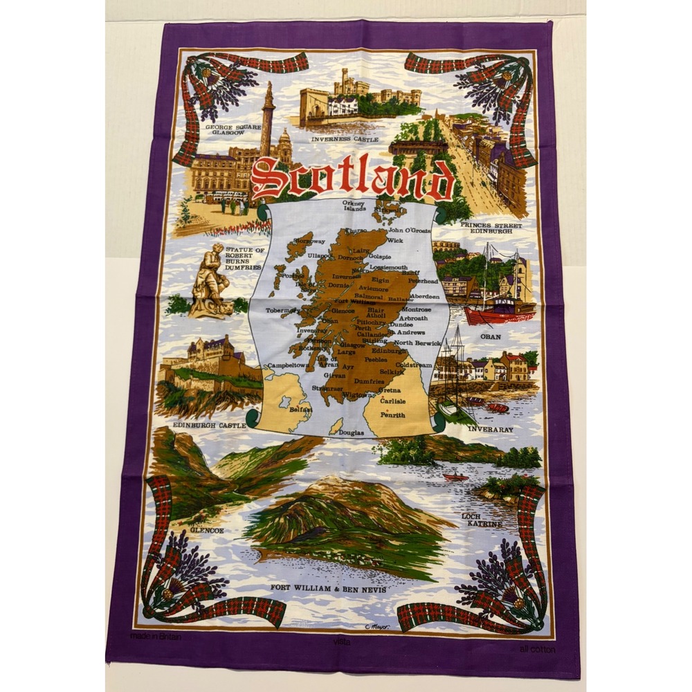 Vintage Scotland Map Tea Towel Cotton Tartan Thistle Souvenir
